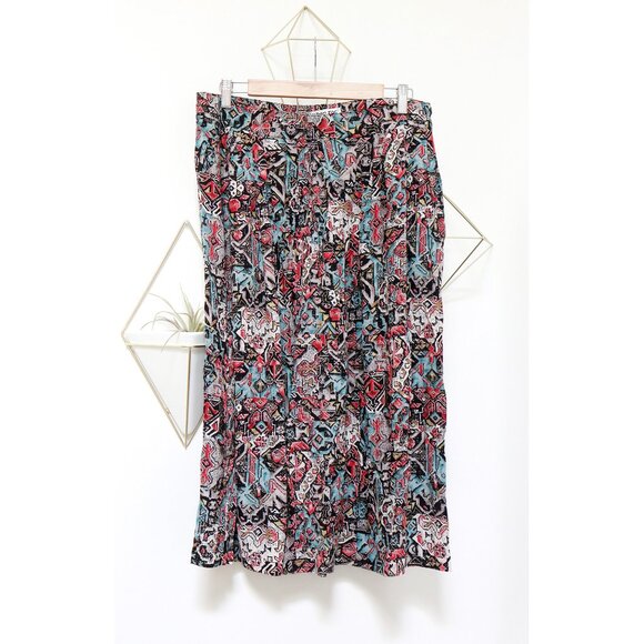 80s Black, Turquoise, Red & Beige Aztec Print Skirt, Side Button Long Flowy Ikat - Picture 5 of 6